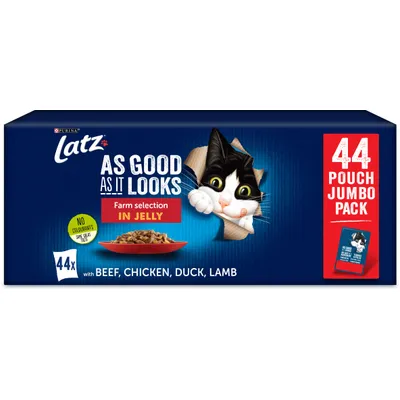 Latz As Good As It Looks Farm selection in jelly, 44 annospussia naudan-, kanan-, ankan- ja lampaanlihalla. Ei väriaineita. Jumbo Pack.