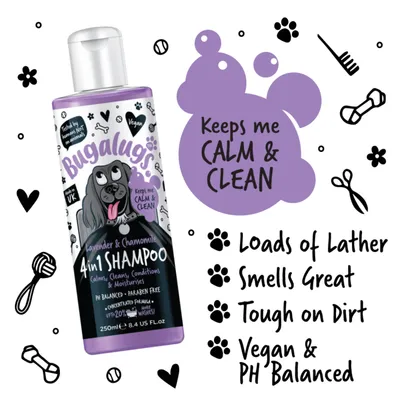 Bugalugs Lavender & Chamomile 4 in 1 shampoo. Calms, cleans, conditions, moisturises. Loads of lather, smells great, tough on dirt, vegan and pH balanced. Paraben free.