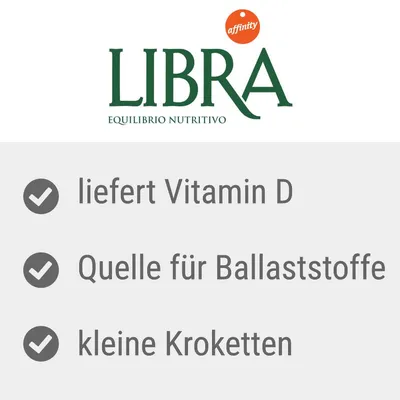 LIBRA Equilibrio Nutritivo. Liefert Vitamin D, Quelle für Ballaststoffe, kleine Kroketten.