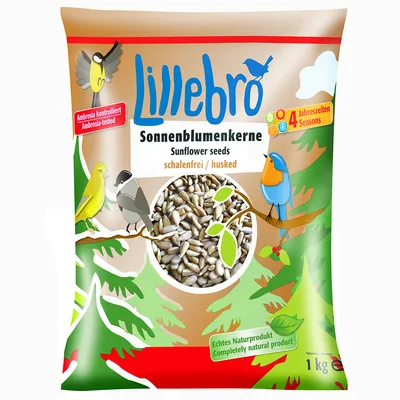 Lillebro sunflower seeds, husk-free, ambrosia controlled, genuine natural product, suitable for all seasons. Pack size: 1 kg.