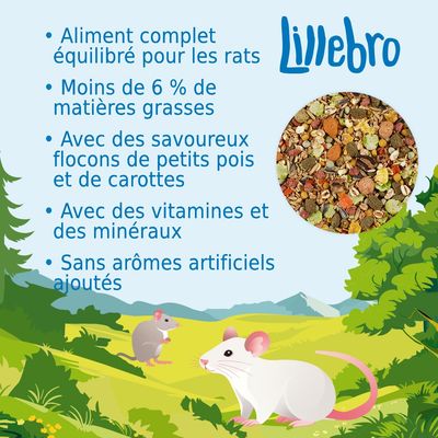 Lillebro. Aliment complet équilibré pour les rats, moins de 6 % de matières grasses, flocons de petits pois et carottes, vitamines et minéraux, sans arômes artificiels ajoutés.