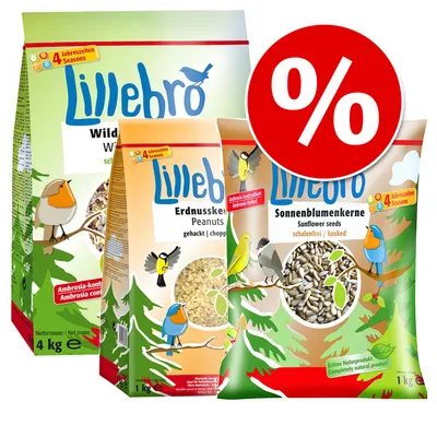 Lillebro Wildvogelfutter, Erdnusskerne gehackt und Sonnenblumenkerne schalenfrei, 4 Jahreszeiten geeignet, Ambrosia-kontrolliert, Prozentzeichen für Rabattaktion sichtbar. Lillebro Wildvogelfutter, Erdnusskerne gehackt und Sonnenblumenkerne schalenfrei, 4 Jahreszeiten geeignet, Ambrosia-kontrolliert, Prozentzeichen für Rabattaktion sichtbar.
