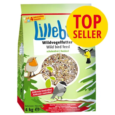 Lillebro Wildvogelfutter Wild bird feed, schalenfrei husked, Ambrosia-kontrolliert, 4 kg. TOP SELLER badge synligt på pakken.