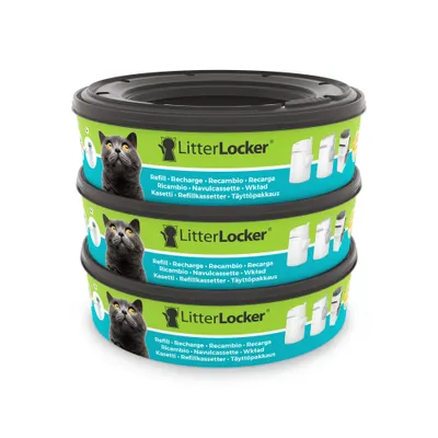 LitterLocker Nachfüllkassetten, grüne Verpackung mit schwarzem Deckel, Katze abgebildet, mehrsprachige Beschriftung: Refill, Recharge, Recambio, Recarga, Ricambio, Navulcassette.
