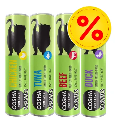 Cosma Snackies Pure Love, 4 tubes : Chicken, Tuna, Beef, Duck, 100% pure meat ou fish, gently freeze-dried. Pastille jaune avec symbole pourcentage rouge en haut à droite.