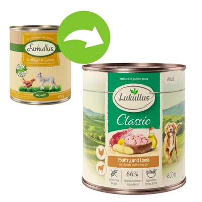 Zmiana opakowania: puszka Lukullus Classic Poultry and Lamb 800 g, widoczne teksty: 66 %, Grain-free Recipe, Selected Animal Ingredients, Vegetables, Herbs & Oils, Adult.