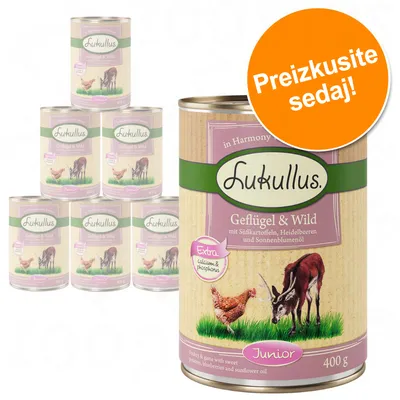 Lukullus Geflügel & Wild Junior, 400 g pločevinka. Vidno: piščanec in jelen, oznaka 'Extra calcium & phosphorus', oranžen krog z besedilom 'Preizkusite sedaj!'. Lukullus Geflügel & Wild Junior, 400 g pločevinka. Vidno: piščanec in jelen, oznaka 'Extra calcium & phosphorus', oranžen krog z besedilom 'Preizkusite sedaj!'.