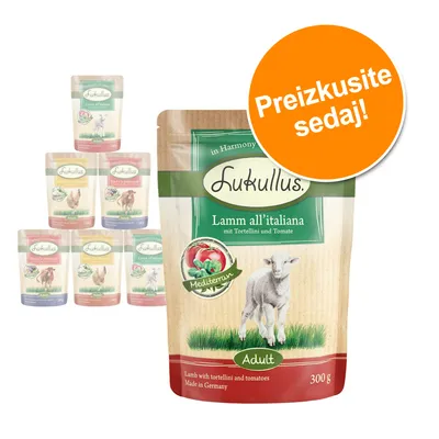 Lukullus Lamm all’italiana z tortelini in paradižnikom, Adult, 300 g. Več različnih okusov v ozadju. Oranžen krog z besedilom: Preizkusite sedaj!