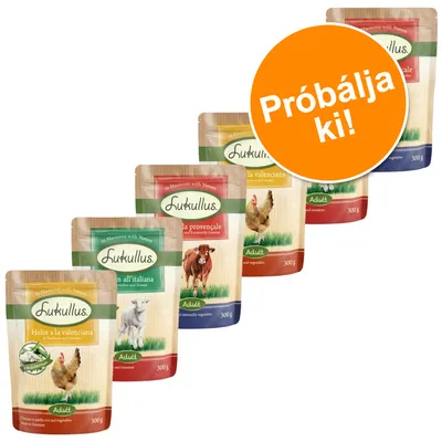 Lukullus Adult 300 g tasakos eledelek különböző ízekben, csomagoláson látható: Huhn a la valenciana, Agnello all’italiana, Manzo alla provençale. Narancssárga kör: Próbálja ki!