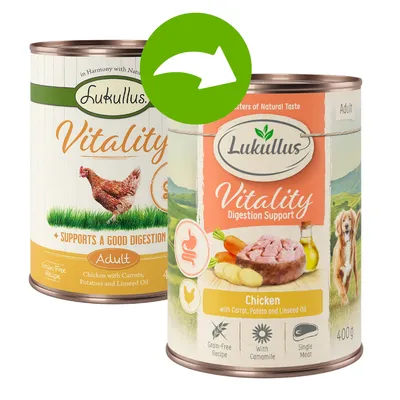 Lukullus Vitality Adult, pui cu morcovi, cartofi și ulei de in. Susține digestia, rețetă fără cereale, cu mușețel, carne unică. Conservă 400g.