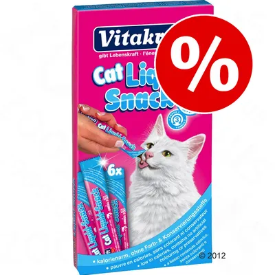 Vitakraft Cat Liquid Snack -kissanherkut, 6 kpl pakkauksessa. Suuri punainen prosenttimerkki oikeassa yläkulmassa.