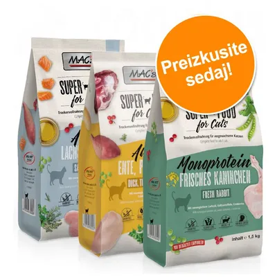 Tri vrečke MAC's Super Food for Cats: losos, raca in puran, monoprotein svež zajec. Oranžni krog z besedilom 'Preizkusite sedaj!'. Vsaka vrečka vsebuje 1,5 kg. Tri vrečke MAC's Super Food for Cats: losos, raca in puran, monoprotein svež zajec. Oranžni krog z besedilom 'Preizkusite sedaj!'. Vsaka vrečka vsebuje 1,5 kg.