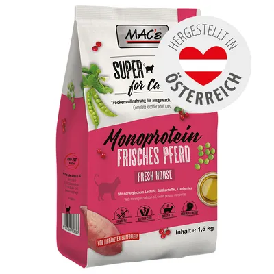 MAC's Super for Cats Monoprotein Frisches Pferd, Trockenfutter mit norwegischem Lachsöl, Süßkartoffel, Cranberries. Hergestellt in Österreich. Inhalt 1,5 kg. MAC's Super for Cats Monoprotein Frisches Pferd, Trockenfutter mit norwegischem Lachsöl, Süßkartoffel, Cranberries. Hergestellt in Österreich. Inhalt 1,5 kg.