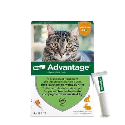 Elanco Advantage 40 pour chat et lapin, moins de 4 kg. Prévention et traitement des infestations par les puces chez les chats et lapins de compagnie de moins de 4 kg. 4 x 0,4 ml.