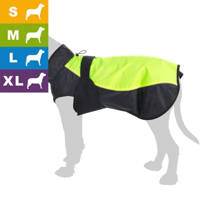 Manteau imperméable jaune et noir porté par un chien, avec guide des tailles S, M, L, XL illustré à gauche pour différentes morphologies de chiens.