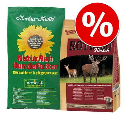 Markus-Mühle NaturNah koiranruoka, taatusti kylmäpuristettu Acticell Früchtpowerilla. Punahirvi, valkoinen kala, barbarianankka ja metsämarjat. Alennusmerkki %.