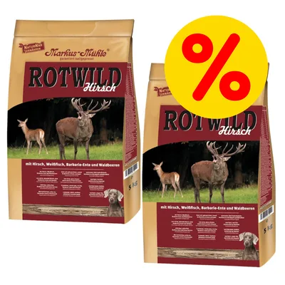 Markus Mühle ROTWILD Hirsch tørfoder, synlige poser med tekst: mit Hirsch, Weißfisch, Barbarie-Ente und Waldbeeren, 5 kg. Gult procenttegn for tilbud.