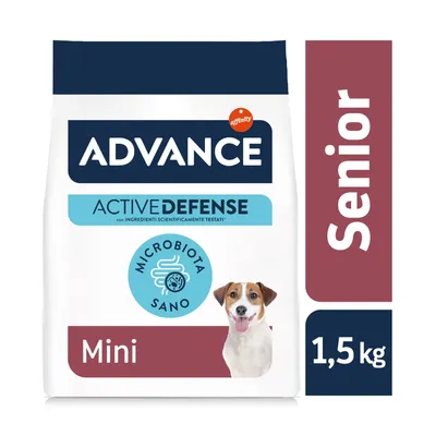 Confezione Advance Active Defense Mini Senior, 1,5 kg, con testo: Microbiota sano, ingredienti scientificamente testati. Immagine di cane piccolo visibile sulla confezione.