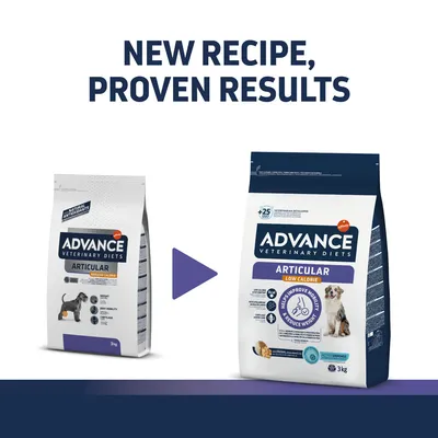 Advance Veterinary Diets Articular dog food packaging change, old and new 3kg bags shown. Text: New recipe, proven results. New bag labelled Low Calorie with updated design.