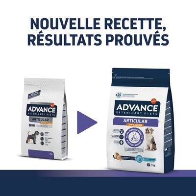 Nouvelle recette, résultats prouvés. Ancien et nouveau packaging Advance Veterinary Diets Articular 3 kg pour chien visibles, mention Low Calorie sur le nouveau sac.