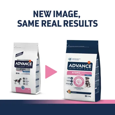 Porovnanie starého a nového balenia krmiva ADVANCE Veterinary Diets Atopic 1,5 kg pre psov. Text: NEW IMAGE, SAME REAL RESULTS.