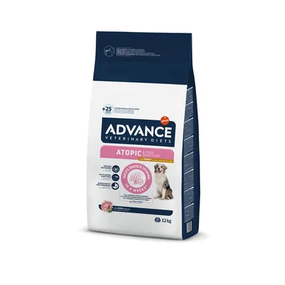 Saco de 12 kg Advance Veterinary Diets Atopic & Food Sensitivity with Rabbit. Texto visível: 'Helps reduce itching in 4 weeks'. Imagem de cão e pedaço de carne.
