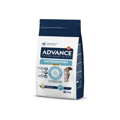ADVANCE Veterinary Diets Gastroenteric Sensitive cat food, supports gastrointestinal health and digestion, with turkey as main ingredient, 1.5 kg bag visible.