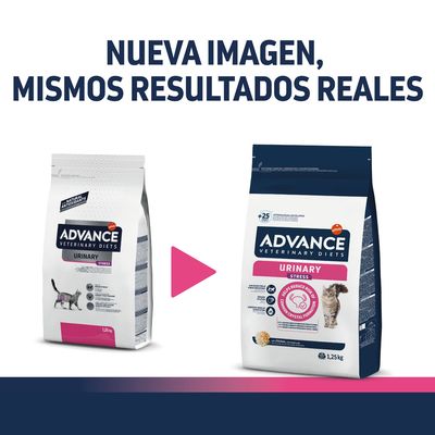 Cambio de imagen en el envase de Advance Veterinary Diets Urinary Stress 1,25 kg para gatos. Texto: 'Nueva imagen, mismos resultados reales'. Se muestran ambos diseños de paquete.
