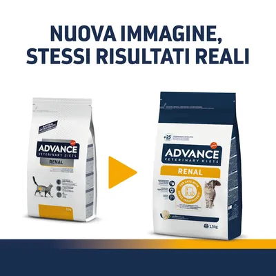 Nuova immagine, stessi risultati reali. Confronto tra vecchio e nuovo packaging di Advance Veterinary Diets Renal per gatti, confezione da 1,5 kg visibile.