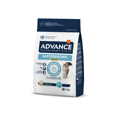 ADVANCE Veterinary Diets Gastroenteric Sensitive cat food, 7.5kg bag, visible text: supports gastrointestinal health & digestion, with turkey & rice, image of a cat on packaging.