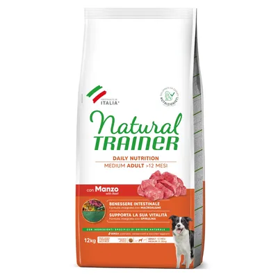 Natural Trainer Daily Nutrition Medium Adult >12 miesięcy z wołowiną, 12 kg. Wspiera witalność dzięki spirulinie, wspomaga zdrowie jelit dzięki makroalgom. Bez barwników, konserwantów i cukru. Natural Trainer Daily Nutrition Medium Adult >12 miesięcy z wołowiną, 12 kg. Wspiera witalność dzięki spirulinie, wspomaga zdrowie jelit dzięki makroalgom. Bez barwników, konserwantów i cukru.