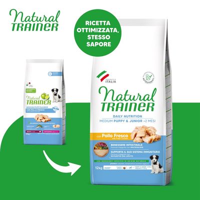 Confronto tra vecchio e nuovo sacco di crocchette Natural Trainer Medium Puppy & Junior >2 mesi con Pollo Fresco 12 kg. Testo: Ricetta ottimizzata, stesso sapore.
