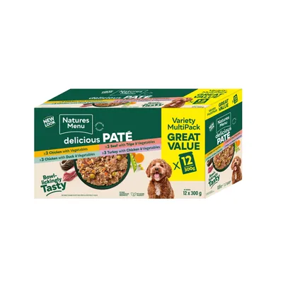 Natures Menu delicious paté variety multipack, 12 x 300g. Includes chicken with vegetables, beef with tripe and vegetables, chicken with duck and vegetables, turkey with chicken and vegetables.