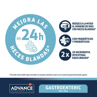 Mejora las heces blandas en 24h. Reduce a la mitad los días con heces blandas, con probióticos y prebióticos, 2x microbiota intestinal equilibrada. ADVANCE GASTROENTERIC MINI <10 kg.