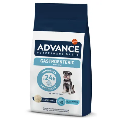 ADVANCE Veterinary Diets Gastroenteric MINI <10kg dog food, improves in 24h soft faeces, with chicken & rice, Active Defense, clinically proven, affinity brand visible on packaging ADVANCE Veterinary Diets Gastroenteric MINI <10kg dog food, improves in 24h soft faeces, with chicken & rice, Active Defense, clinically proven, affinity brand visible on packaging