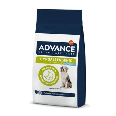 Sac Advance Veterinary Diets Hypoallergenic Hydrolised, texte visible : For dogs with adverse food reactions, avec hydrolysed soy protein & purified maize starch, photo d’un chien.