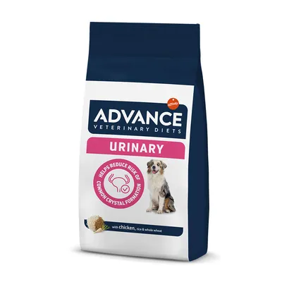 ADVANCE Veterinary Diets URINARY dog food, helps reduce risk of common crystal formation, with chicken, rice & whole wheat. Image shows a dog and food ingredients on the packaging.