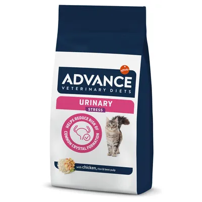 ADVANCE Veterinary Diets Urinary Stress cat food, helps reduce risk of common crystal formation, with chicken, rice & beet pulp. Image shows a cat and food pieces on the packaging.