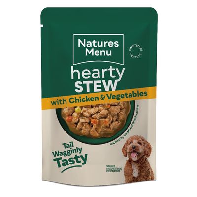 Natures Menu hearty stew with chicken and vegetables, tail wagglingly tasty, no added colourants or preservatives, inspired by traditional British cuisine.
