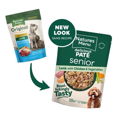 Packaging change for Natures Menu senior lamb with chicken and vegetables; new look, same recipe. Shows old and new packs with product details and images of food.