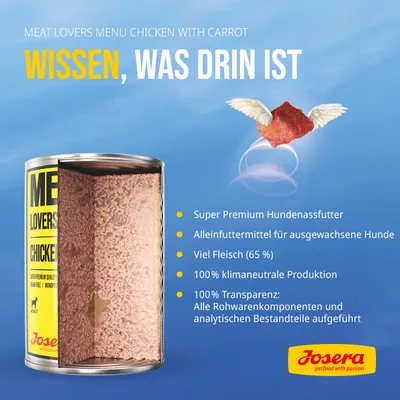 Josera Meat Lovers Menu Chicken mit Karotte. Super Premium Hundenassfutter, Alleinfuttermittel für ausgewachsene Hunde, 65% Fleisch, 100% klimaneutral, transparente Zutatenliste.