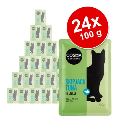 Cosma Pure Love Skipjack Tuna in Jelly, single protein pure fish, 24 x 100 g saszetek widocznych na opakowaniu. Napis: 24x 100 g.
