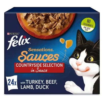 Purina Felix Sensations Sauces Countryside Selection in Sauce, 24x with turkey, beef, lamb, duck. No colourants. Image of cat and bowl of food on pack. Purina Felix Sensations Sauces Countryside Selection in Sauce, 24x with turkey, beef, lamb, duck. No colourants. Image of cat and bowl of food on pack.