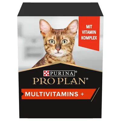 Boîte Purina Pro Plan Multivitamins+ pour chat, texte visible : 'MIT VITAMIN KOMPLEX' en allemand sur fond rouge. Boîte Purina Pro Plan Multivitamins+ pour chat, texte visible : 'MIT VITAMIN KOMPLEX' en allemand sur fond rouge.
