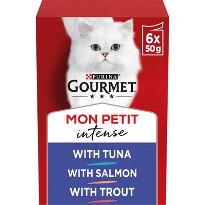 Pack contains 6 x 50g portions with tuna, with salmon, with trout. Mon Petit intense range.