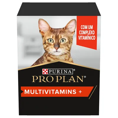 Embalagem de suplemento para gatos Purina Pro Plan Multivitamins +, texto visível: 'COM UM COMPLEXO VITAMÍNICO'. Embalagem de suplemento para gatos Purina Pro Plan Multivitamins +, texto visível: 'COM UM COMPLEXO VITAMÍNICO'.
