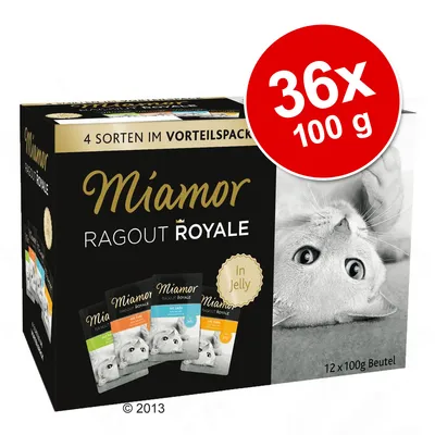 Miamor Ragout Royale In Jelly kissan märkäruoka, 36 x 100 g annospussia, pakkauksessa 4 makua. Teksti: 4 Sorten im Vorteilspack, 12 x 100g Beutel.