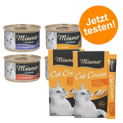 Miamor Pastete mit Geflügelherzen, Huhn und Geflügelleber, Miamor Cat Cream Multi-Vitamin 6x16g. Orange Kreis mit Text: Jetzt testen!