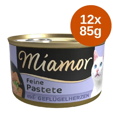 Miamor Feine Pastete mit Geflügelherzen, 12x85g Dose, lila Verpackung mit weisser Katze abgebildet.