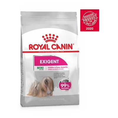 Royal Canin Exigent Mini hondenvoer, tekst: Satisfies a Fussy Appetite, 99% preferred, Gekozen Product van het Jaar 2020. Afbeelding van kleine hond op de verpakking.